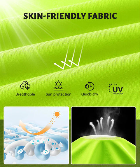 Three Pack Men's UPF Fifty Plus Hooded Sun Shirts fabric with breathable, quick-dry, UV protection features in neon green.