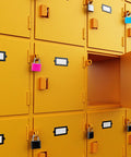 4 Pack Multicolor Keyed Padlocks For Suitcases And Luggage With Two Distinct Keys securing yellow lockers in a storage area.