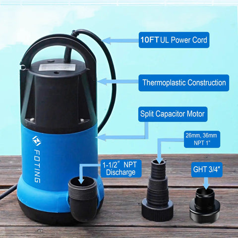 1HP Submersible Sump Pump For Clean Or Dirty Water 4600 GPH Utility Pump with thermoplastic construction and power cord