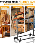Heavy Duty Mobile Conduit And Lumber Storage Rack Rock Solid Build With Six Swivel Caster Wheels in workshop, garage, and warehouse settings.