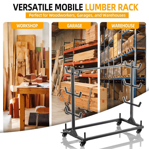 Heavy Duty Mobile Conduit And Lumber Storage Rack Rock Solid Build With Six Swivel Caster Wheels in workshop, garage, and warehouse settings.