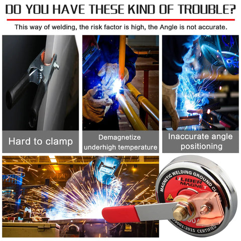 Collage of welding issues solved by Heavy Duty Magnetic Welding Ground Clamp With Handy Handle, 500 Amp Weld Holder, Copper Tail.