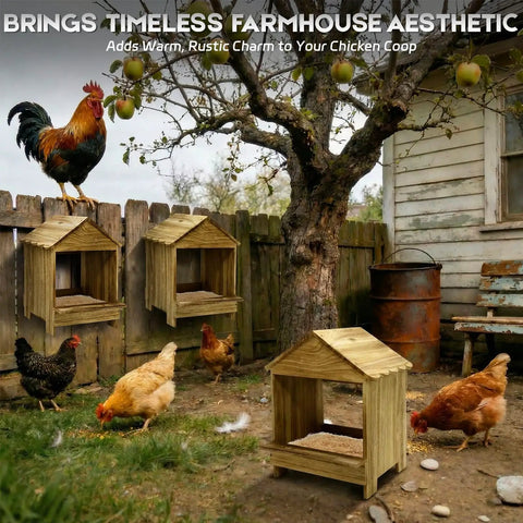 Gold Standard 3 Pack Wooden Chicken Nesting Boxes For Laying Eggs Farm House Series by tree with hens and rooster
