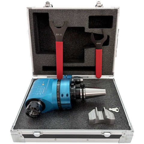 Top Shelf Cat40 To Er32 90 Degree Angle Head Vmc Spindle Adapter with tools in case, designed for horizontal milling setup.
