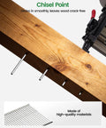 Chisel point Heavy Duty Galvanized 18 Gauge Brad Nails 1 1/4 Inch inserted in pine wood for crack-free fastening.