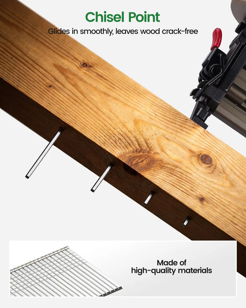 Chisel point Heavy Duty Galvanized 18 Gauge Brad Nails 1 1/4 Inch inserted in pine wood for crack-free fastening.