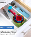 Must Have Nestable Measuring Cup Set With Two Tablespoons Coffee Scoop, Durable BPA Free Plastic, stored in drawer