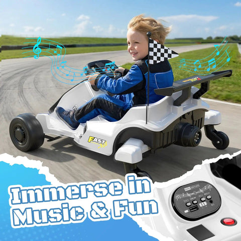 Child riding a 12V Kids Electric Drift Go Kart For Ages 4 And Up With Music And LED Lights Swivel Rear Wheels Adjustable Seat Belt Outdoor Ride On Toy For Boys And Girls White Finish Safe Speed Around 4.9 MPH on a track.