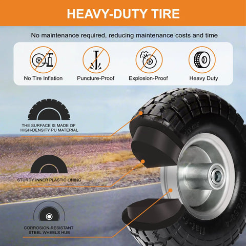Flat Free Solid Rubber Tire Wheel Set For Hand Trucks And Wheelbarrows No Fuss 10 Inch Replacement Wheels 2 Pack Fits Five Eighth Inch Axle Ideal For Garden Wagon Yard And Farm Use with heavy-duty tire features diagram