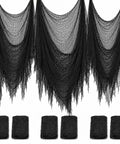 Six Pack Matte Black Cotton Crepe Sheets, Straight Up Spooky Halloween Decor Drape, Stretchy Ghost Fabric For Yard And Porch Styling, Tear Resistant Eerie Backdrop Cloths With Major Vibe Energy Tonight hung as eerie backdrops.
