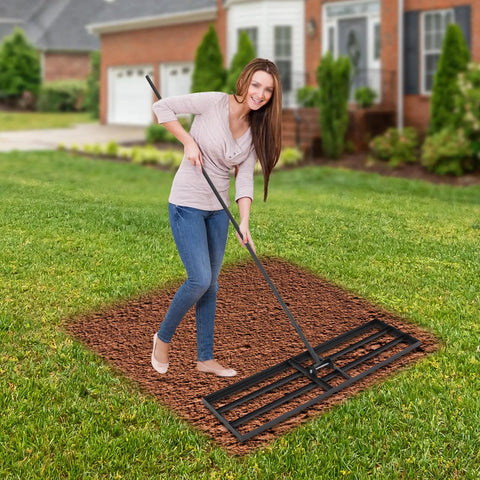 Person using Long-Handled Lawn Leveling Rake With Adjustable 0-180 Degree Angles, Stainless Steel Base Plate Measuring 35.83 by 9.84 Inches