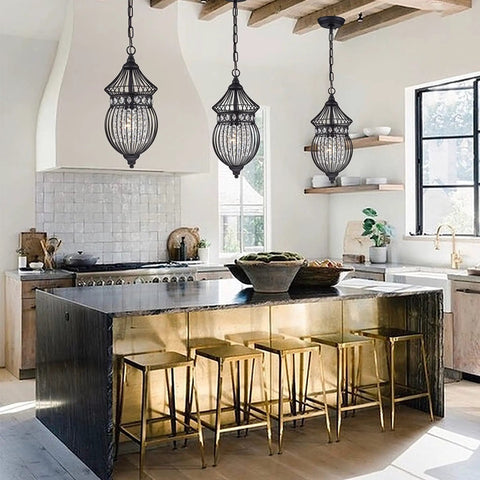 Black Globe Crystal Pendant Chandelier For Farmhouse Lighting in kitchen with island, matte black finish, adjustable chain