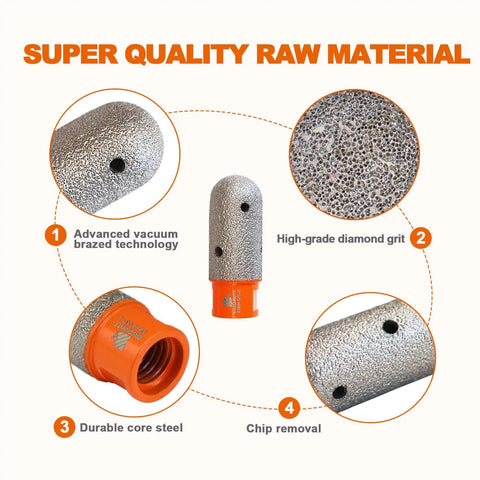 Close-up of Finger Milling Bits With Diamond Grit 1 Inch Core Drill Bit Dry 5 8 11 Thread showing diamond surface and core steel.