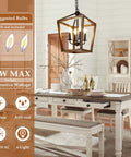 Farmhouse Style Chandelier Light Fixture For Kitchen And Dining Room With Barn Chic Vibe, A 4 Light Rustic Pendant With Height Adjustable Chain, Oak Wood Finish, Cage Lantern Lighting, E12 Base For Hallway Foyer hanging above a dining table in a rustic kitchen setting.