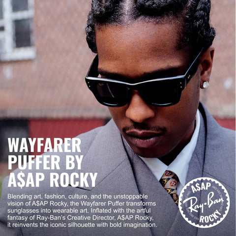 Model wearing Wayfarer Puffer Sunglasses Inspired By ASAP Rocky Blacked Out Edition Ultra Black Frame With Gold Plated Details