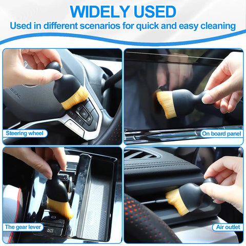 Using Six Pack Car Detailing Kit With Scratch Free Interior Duster on steering wheel, screen, gear lever, and air outlet.