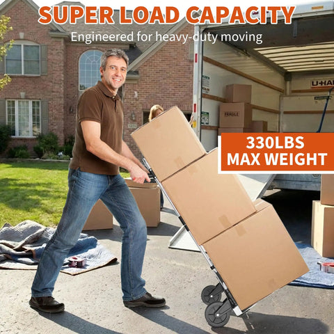 Heavy Duty Folding Hand Truck With 360 Degree Rotating Handle And Rock Solid 330 Lbs Capacity Smooth Rolling Aluminum Dolly Cart in use with boxes.