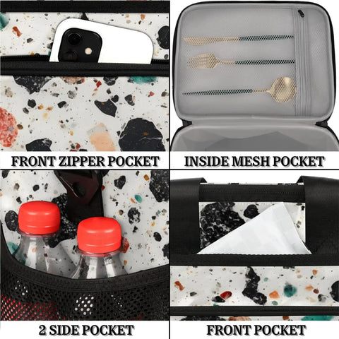 Insulated Go-To Picnic Backpack Lunch Box In Stone Marble, Large 12x8.7x10 Inch Tote pockets detail
