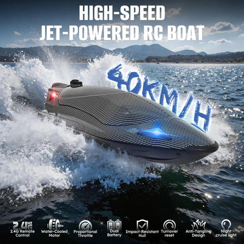 12 Inch High Speed RC Boat With LED Lights 40 KPH Remote Control Boat for lakes, pools, and salt water, splashing on water