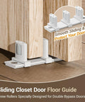 Runs Like Butter Adjustable Aluminum Sliding Closet Door Floor Guide For Double Bypass Tracks Zero Wobble Heavy Duty Rust Resistant Construction Crisp White Finish with three rollers on wooden floor.