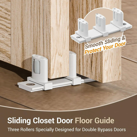 Runs Like Butter Adjustable Aluminum Sliding Closet Door Floor Guide For Double Bypass Tracks Zero Wobble Heavy Duty Rust Resistant Construction Crisp White Finish with three rollers on wooden floor.