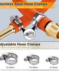 Brass Hose Barb Fittings Kit With Splicer Mender 3/16 1/4 5/16 3/8 1/2 5/8 Inch Barbed To NPT Adapters And 1/4 Inch Barbed To 1/4 Inch NPT Male Plus 96 Pipe Hose Clamps 48 PCS Fittings Bundle For Quick Plumbing Repair shown with stainless steel hose clamps