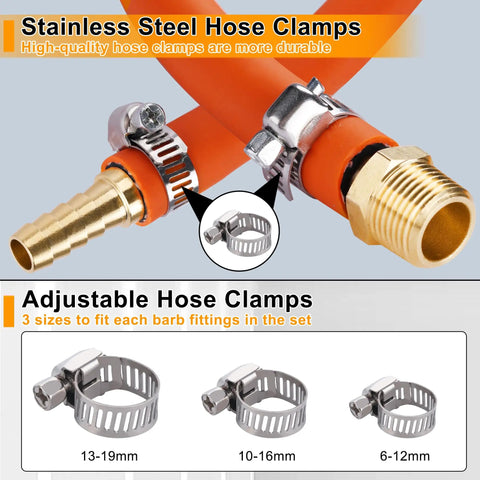 Brass Hose Barb Fittings Kit With Splicer Mender 3/16 1/4 5/16 3/8 1/2 5/8 Inch Barbed To NPT Adapters And 1/4 Inch Barbed To 1/4 Inch NPT Male Plus 96 Pipe Hose Clamps 48 PCS Fittings Bundle For Quick Plumbing Repair shown with stainless steel hose clamps