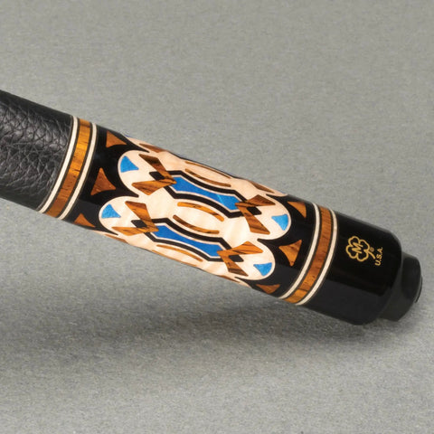 Premium 12Mm Taper Carbon Fiber Shaft Pool Cue With Exotic Wood Butt And Rugged Transport Case close-up of leather grip and decorative butt.
