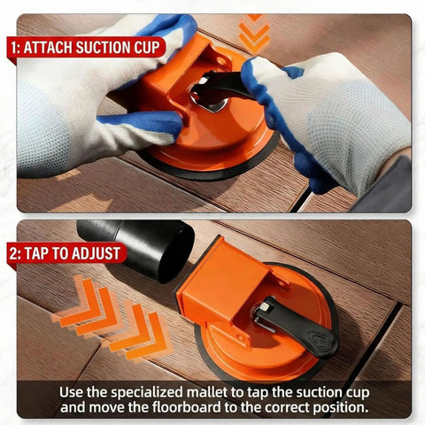 Heavy Duty Suction Cup Floor Gap Fixer For Laminate Wood Tile And Vinyl in use on floorboards with adjustable jointer and non-slip pad