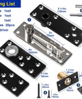 Heavy Duty 600Lbs Pivot Hinge For Doors, Ultra Strong 360 Degree And 180 Degree Swing, Stainless Steel Hidden Pivot Design, Built For Solid Wood Secret Doors, Heavy Bookcase Entries, And Murphy Door Install Projects. Packaging list image with hinge parts and tools