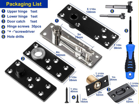 Heavy Duty 600Lbs Pivot Hinge For Doors, Ultra Strong 360 Degree And 180 Degree Swing, Stainless Steel Hidden Pivot Design, Built For Solid Wood Secret Doors, Heavy Bookcase Entries, And Murphy Door Install Projects. Packaging list image with hinge parts and tools