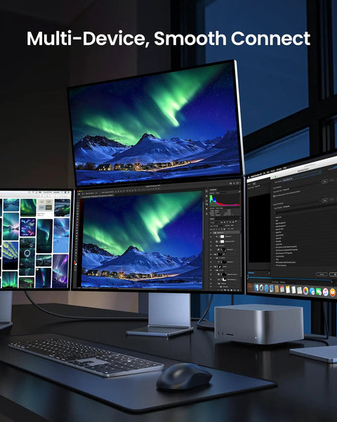 Ultra Fast USB4 Thunderbolt 5 Cable 5Ft USBIF Certified High Speed 80Gbps 240W 8K Ready Zero Signal Loss Bidirectional Data Transfer For Pro Gear And Creative Setups connected to multi-monitor workstation