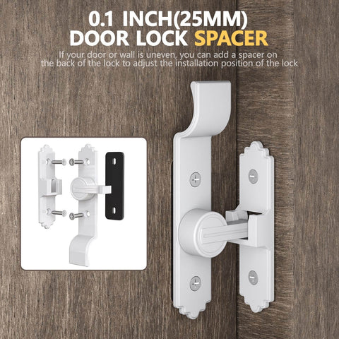 90 Degree Sliding Barn Door Lock With Zinc Alloy Security Flip Latch, Ergonomic Handle, White Finish showing installed view