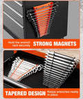 Two Pack Magnetic Wrench Organizer Rack With Strong Magnetic Backing 32 Slot Wrench Holder shown on wall and drawer mount