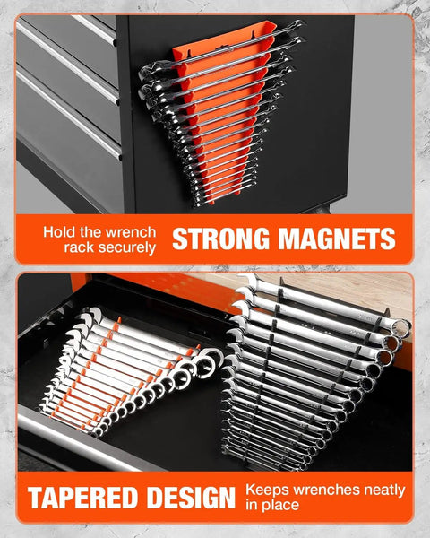 Two Pack Magnetic Wrench Organizer Rack With Strong Magnetic Backing 32 Slot Wrench Holder shown on wall and drawer mount