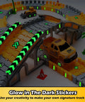 Glow In The Dark Construction Race Track Set For Kids Ages 3 To 9, 264 Piece Buildable DIY Track With 2 Light Up Cars And 3 Construction Vehicles