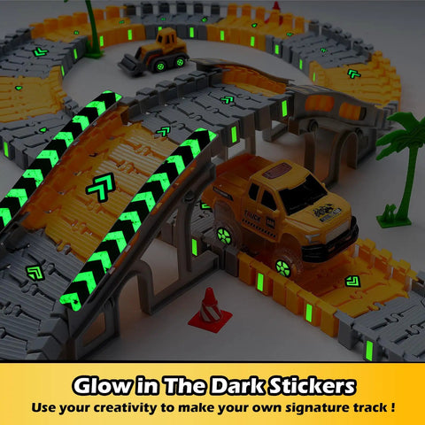 Glow In The Dark Construction Race Track Set For Kids Ages 3 To 9, 264 Piece Buildable DIY Track With 2 Light Up Cars And 3 Construction Vehicles