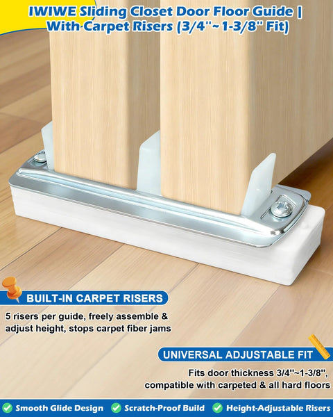 Adjustable Sliding Closet Door Floor Guides With Carpet Risers, 2 Pack, Universal Fit For 3/4 To 1-3/8 Inch Thick Doors, detachable risers