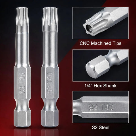 Security Torx Bit Set For Impact Tools 11 Pcs Two Inch Long Quarter Inch Drive Hex Shank T7 To T40 Premium S2 Steel bits
