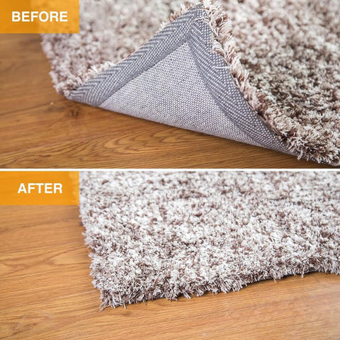 Before and after using Vacuum Tech Rug Pad Gripper for Hardwood Floors No Damage Non Slip Under Rug Tape for flat rug corners