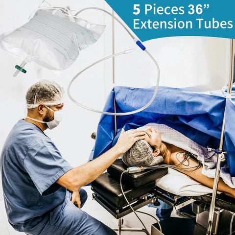 Urinary drainage bag extension tubing set, 36-inch, 5 pieces, flexible clear tubes in operating room