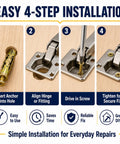 4-step installation guide for 6x14mm Short Expansion Screw Set For Stripped Cabinet Hinge Holes 100 Pack Repair Kit.
