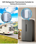 WiFi Freezer Thermometer With App Alerts And Two Wireless Fridge Sensors For Real Time Temperature Monitoring, Waterproof IP65 Probes, Instant Phone Notifications If Temperatures Go Out Of Range, shown on RV and refrigerator