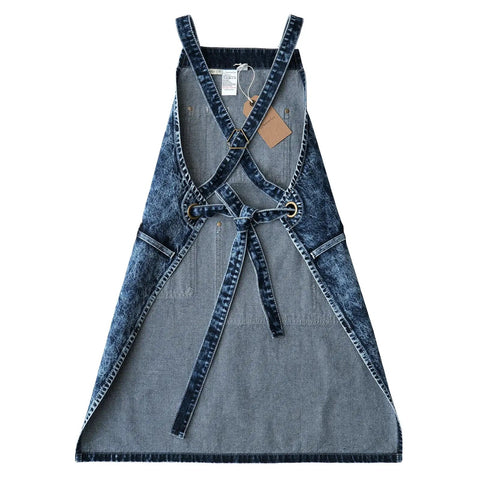 Back view of Denim Apron For Men With Towel Loop And Tool Pockets, Special Washed Style, adjustable L to XXL, blue-black color.