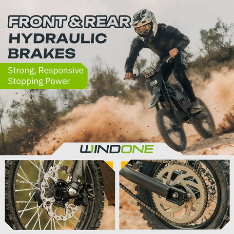 Gnarly High-Performance Electric Dirt Bike For Teens And Adults Up To 37 MPH With 2200W Peak Motor, 45 Mile Range, light green, showing braking system