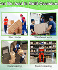 Various uses of Camini 1200W Electric Stair Climbing Hand Truck Dolly With 880 Lb Heavy Load Capacity for moving warehouse goods.