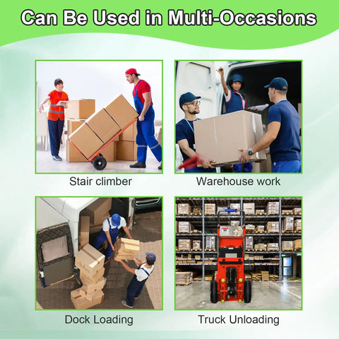 Various uses of Camini 1200W Electric Stair Climbing Hand Truck Dolly With 880 Lb Heavy Load Capacity for moving warehouse goods.