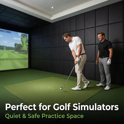 Kickass Quality Golf Wall Padding Panels Premium 20 X 20 X 2 Inch High Density Foam Blocks used in a golf simulator room.