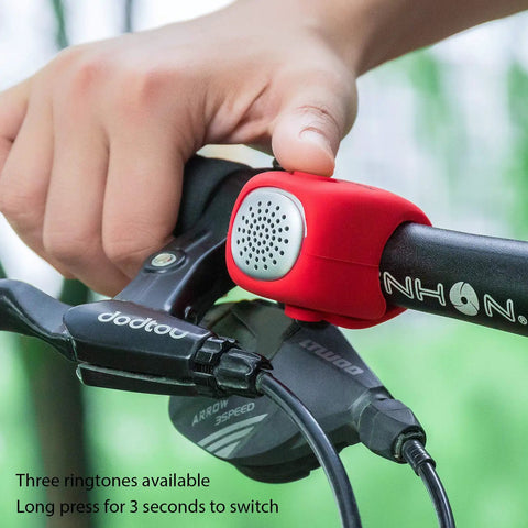 Electric Bike Bell With 90dB Alert And 3 Sound Modes Waterproof Black Finish Easy To Install For Daily Commutes Durable Bicycle Horn For E Bikes Loud Yet Clear Warning For Safer Rides, red silicone bell on bike handlebar