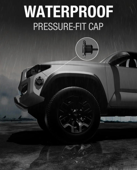Waterproof pressure-fit cap highlighted on SUV in rain.